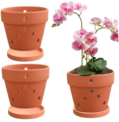 Lot de 3 pots à orchidée en terre cuite avec trous de drainage de 10,2 cm avec soucoupes, parfaits pour rempoter les petites orchidées, durables et élégants
