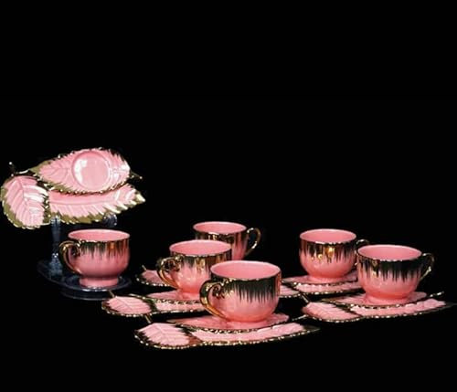 Service à Thé Vintage en Porcelaine Rose et Or, 6 Tasses avec Soucoupes en Forme de Feuille, Collection Élégante