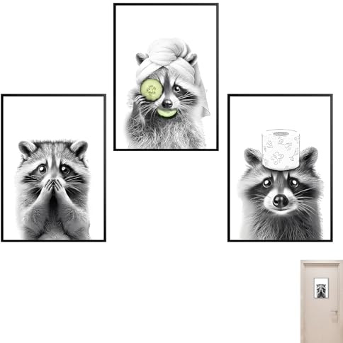 Vimmvid 3 Stück Badezimmer Bildbadezimmer Deko WC- und Baddekoration mit lustigen Raccoon-Bildern, 20x30 cm, ungerahmt, einzigartiges Design