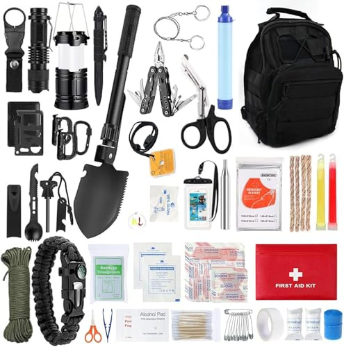 Kit de survie d'urgence en extérieur avec kit de premiers secours, 180 pièces, équipement de survie avec lampe de camping, pelle pliante, pince pliante, filtre à eau, pour homme, camping, aventure