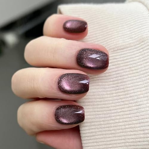 24pcs Courts Amander Faux Ongles Chats Œil Artificiel Sur Les Clous Finition Brillant Ovale Française Appuyez Sur Toute Occasion D'amande À Ongle Court