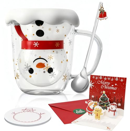 Forbabe Doppelwandige Kaffeegläser 300ml, Weihnachtstassen Geschenkset mit Deckel Löffel Untersetzer Karte Thermogläser mit Henkel Süße Schneemann Weihnachtstasse für Cappuccino Latte Tee Milch