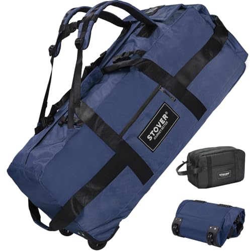 STOVER 45/80/100/120L Rolling Duffel Bag with Wheels, Large Durable Travel Duffle + Toiletry Bag, Heavy Duty, Packable with Shoulder Straps- Use as Luggage or Backpack, Men/Women (Navy Blue)