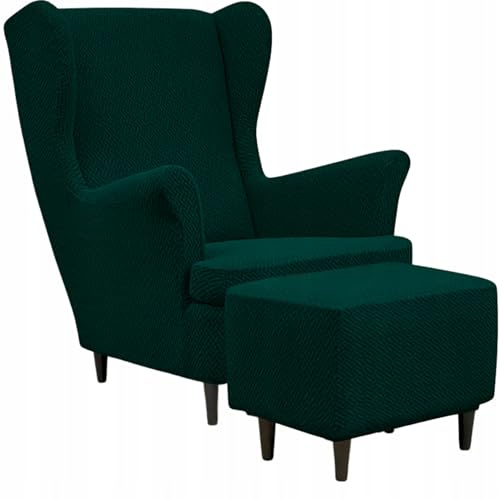 Domidekor Ohrensessel Überzug & Ottoman Schonbezug - Sesselbezug Stretch + Polsterhocker Dunkelgrün - Strandmon Sessel Bezug und Hockerbezug - Elastisch Samt Velour Schmutzabweisend - Oeko-Tex 100