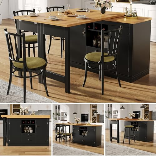 Luxeza Hochwertiger Ausziehbarer Bartisch mit 360° Drehfunktion und Stauraum, Breite verstellbar von 120-180cm, Wohnzimmer, Esszimmer, Homeoffice, schwarzer ausziehbarer Design-Stehtisch, Schwarz
