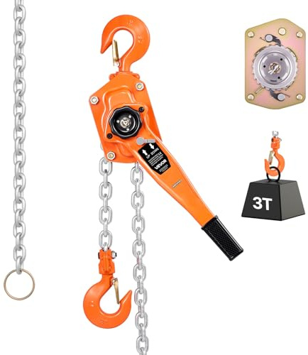 VEVOR Paranco a Catena Manuale a Leva, Capacità 3000 kg, Catena in Lega di Acciaio G80 con Sollevamento di 3 m e Freno Meccanico a Doppio Nottolino, Ganci Rotanti, per Magazzino Garage