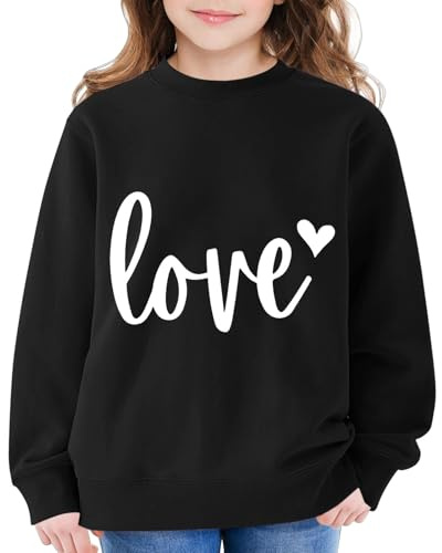 Mjjsk flickor grafisk tröja casual hjärtan jumper barn långärmad överdimensionerad tröja snygg komfort pullover toppar festliga kläder, Svart, 9-10 Years