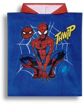 Marvel Spider-Man Boys Poncho Towel - Hooded Cotton Towelling Slip On, Beach And Pool Cover Up, Blue with Red Hood Spider-Man Character Graphic, Kids Bath Poncho