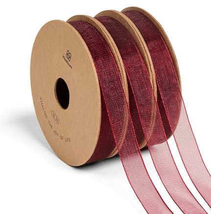 Vitalizart Cinta de Organza de 0,95 cm x 27,4 m Burdeos, 3 Rollos x 9,14 m, Cinta Decorativa para Envolver Regalos, Manualidades, Lazos para Árboles de Navidad, Invitaciones de Boda