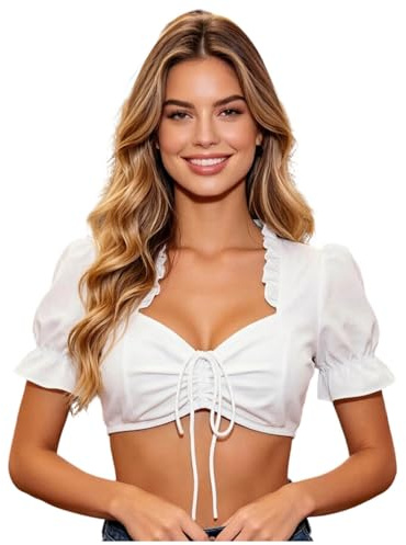 Dirndl Camicetta Da Donna In Pizzo Colore Bianco,Dirndll Bianco A Maniche Corte, Tradizionale Con Bottone Per Oktoberfest, Oktoberfest Bluse Maniche Corte, Elegante Bottone Blusa Dirndl In Pizzo