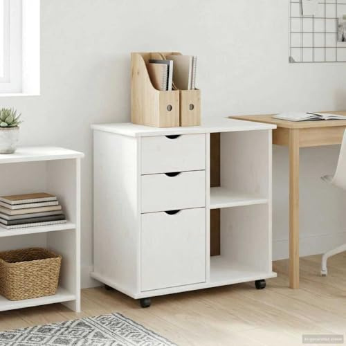 Ziaphsol Vit rullskåp av massiv furu med hjul 63,5 x 39 x 65,5 cm för förvaring i kontor, vardagsrum eller sovrum, med lådor, hyllbrädor och låsbara fack