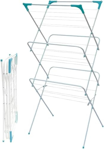 3 Tier Folding Alloy Steel Clothes Drying Rack - Indoor & Outdoor | Non-slip Feet & Folding | Laundry Airer Horse Towel, Foldable, Lightweight, Space Saving Washing Line Cloth Dryer - Airers