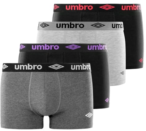 UMBRO Boxer Uomo Cotone, Mutande Uomo, Mantenimento Antiscivolo, Libertà di Movimento (set di 4), Nero, Grigio, Taglie M