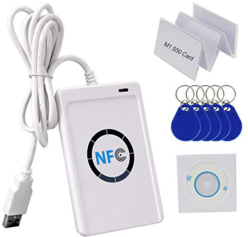 HFeng - Copiador de tarjetas RFID, 13,56 MHz, lector y escritor, programador NFC, USB, software SDK gratuito (idioma español no garantizado), 5 tarjetas S50 MF y 5 llaveros UID para escribir ACR122U