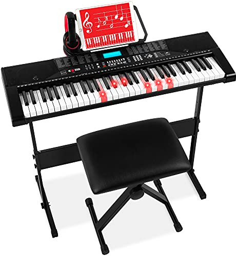 Best Choice Products 61-Key Beginners Complete Electronic Keyboard Piano Set w/Lighted Keys, LCD Screen, Headphones, Stand, Bench, Teaching Modes, Note Stickers, Built-In Speakers - Black