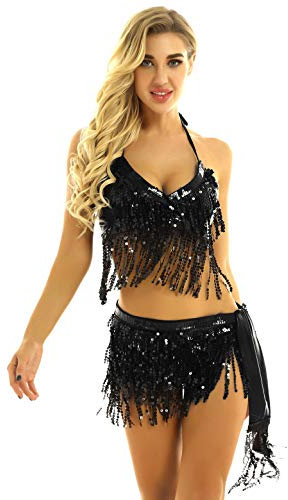 ranrann Damen Glänzende Bauchtanz Latein Rumba Kostüm Pailletten Fransen BH Top mit Hüfttuch Wickelrock Tanzbekleidung für Auftritt Performance Schwarz One Size