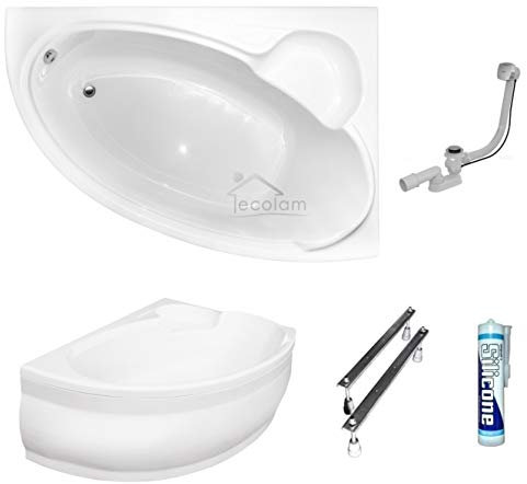 ECOLAM® Badewanne Wanne Eckwanne Eckbadewanne Acryl weiß Finezja 155x95 cm RECHTS + Schürze Ablaufgarnitur Ab- und Überlauf Automatik Füße Silikon Komplett-Set