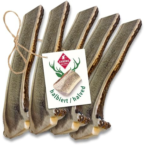 ChronoBalance® L - Hirschgeweih für Hunde – 5er Set Halbierte Kauspielzeuge, 100% Natürliches Kauknochen Hundespielzeug zur Zahnpflege, Nachhaltige Hunde Kauartikel ohne Chemie