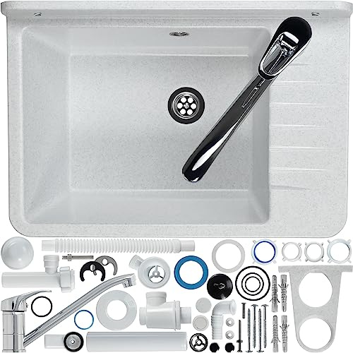 GOSPO Ausgussbecken aus Polypropylen, 50,4 x 34 x 26,5 cm, Spülbecken mit Siphon und Montageset, Waschbecken, Waschtrog, Haushaltsspülbecken (Weiß)