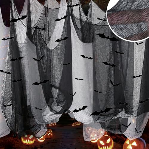 Halloween Deko Horror Stoff,200 X 100 cm Schwarzer Stoff Horror deko,Vorhänge Curtains Wanddeko,Tür Deko,Stoff Schwarz Meterware Gaze Tuch Halloween Dekor für Spukhäuser Party(4 schwarz + 2 weiß)