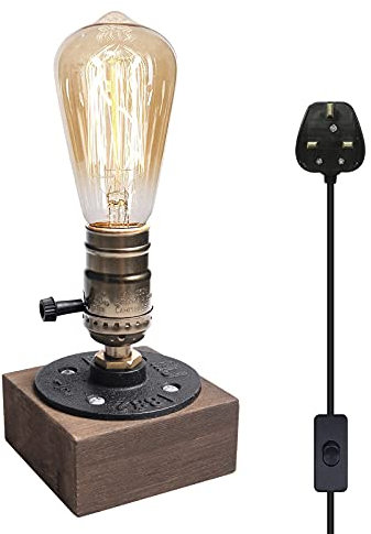 Luxvista E27 Vintage Wooden Table Lamp Base, Industrial Edison Desk Lamp Holder with UK Plug, Rustic Bedside Desk Lamps for Cafe Bar Bedroom Living Dining Room Decoration (Bulb Not Included)