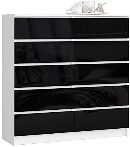 AKORD Commode K-120 avec 10 Tiroirs | Commode Classique pour La Chambre, Salon | Meuble de Rangement | L120 x H121 x P40 cm, Poids 70 kg | Blanc/Noir Brillant