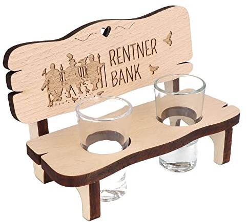 Spruchreif Schnapsbank „Rentnerbank“ – Holz Schnapsbank mit 2 Gläsern – Schnapsglashalter mit Taubenmotiv und Herzausschnitt – Geschenk für Rentner