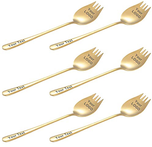 Muka 6 Pcs 7.5 inch Personalized SUS 304 Stainless Steel Spork Silver Ice Cream Spoon Salad Fork-Gold