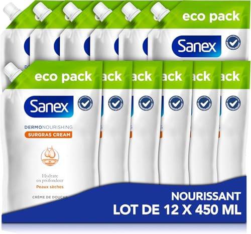SANEX - Dermo Nourrissante Surgras- Gel douche formule Crème - Pour Toute La Famille- Développée Avec Des Dermatologues - Hydrate En Profondeur la Peau Sèche- Lot de 12 recharges Ecopacks X 450 ml