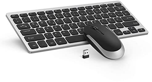 seenda Funktastatur mit Maus, Kleine Tastatur Maus Set kabellos mit USB Empfänger für PC/Laptop/Desktop/TV, Ultradünne 70% Tastatur mit QWERTZ Layout, Schwarz & Silber