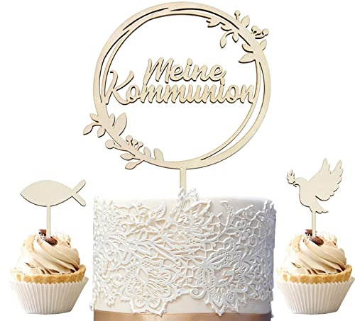 Tortendeko Kommunion, Cake Topper Konfirmation Holz, Kommunion Torten Topper,Holz Taube Fische Tischdeko Konfirmation Kuchen Deko,Erstkommunion deko Junge Mädchen