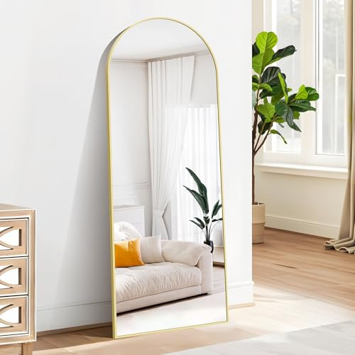 BONEWEI Arched Full Length Mirror, 165x60cm Full Body Free Standing Mirrors Gold Aluminium Frame, Large Floor Mirror Standing Hanging or Leaning Against Wall for Bedroom Entry, Living Room