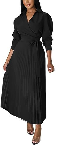 Yowablo Damen-Kleid, einfarbig, langärmelig, hohe Taille, modisch, lässig, plissiert Kariertes Kleid Damen (Black, L)