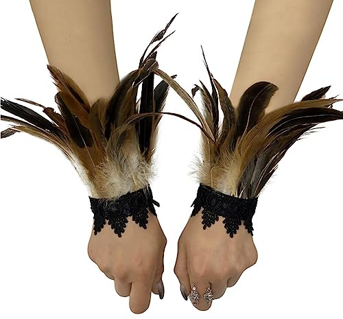 Asudaro Damen Kostüme Manschetten, Frauen Feder Handgelenk Manschetten Gothic Feder Manschette Spitze Fingerlose Vintage Feder Lange Handschuhe Armbänder Karneval Kostüm Accessoire Typ 06