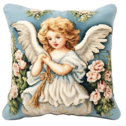 Taxpy DIY knüpfkissen set betender kleiner Engel Knüpfset Kissen DIY handgemachtes Kissen Häkelgarn Stickerei Knüpfset Kissenbezug 17x17in B