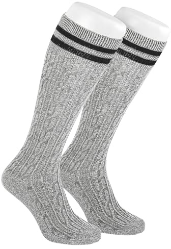 AVAYUU 1 paia di calzini da uomo per costume tradizionale bavarese, a righe, in cotone, a treccia, al ginocchio, stile country, mélange, in vita confortevole e senza cuciture, grigio chiaro