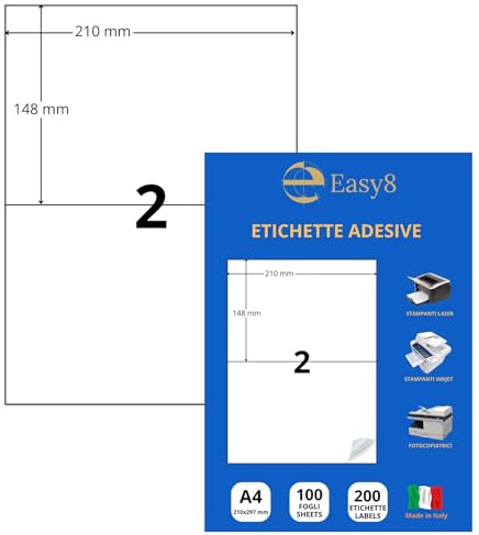 Easy8 210x148 100 Blatt, A4-Klebeetiketten, selbstklebend, ohne Rand, bedruckbar, weiß, kompatibel mit allen Laser-, Tintenstrahl- und Fotokopierdruckern