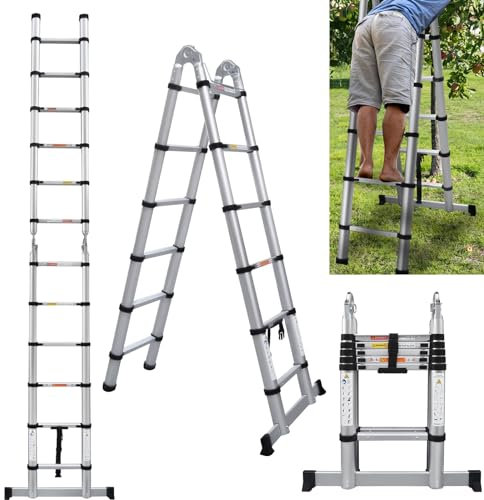 A Frame Aluminium Telescopic Ladder, 3.8M/12.5FT, Multi-Purpose Folding, Extendable, Adjustable Height, Portable, Foldable for Decorating, Painting