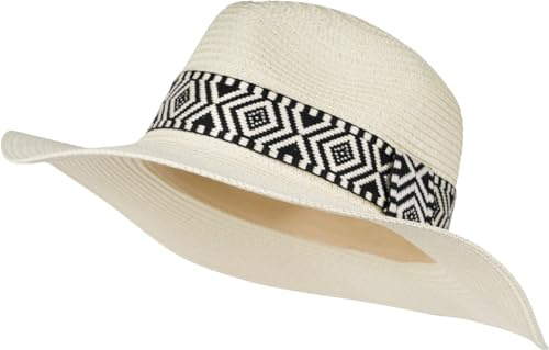 styleBREAKER Damen Panama Sonnenhut Azteken Muster | Leichtes Papierstroh, 7,5 cm breite Krempe, 12 cm Höhe, 32 cm Durchmesser, Schweißband, Zugband (59 cm Umfang), Stoffband.