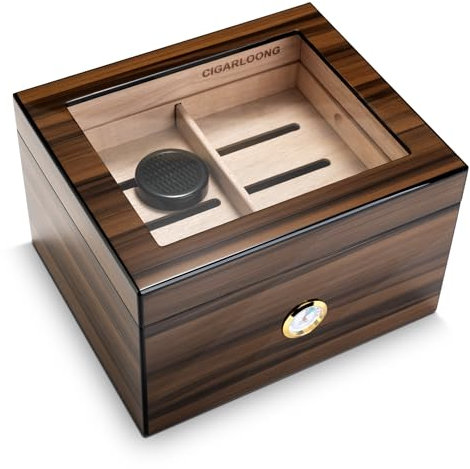 CIGARLOONG Zigarren Humidor Zedernholz, Glasplatte, Humidor mit Luftbefeuchter&Hygrometer, Geschenke für Männer (L für 75 Zigarren)