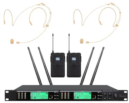 Micrófonos Inalámbricos Diadema profesional de Doble Canal UHF True Diversity, Distancia, Micrófonos de diadema Doble, Condensadores, Pantalla LCD de color, Espectáculos escénicos, iglesias, canto