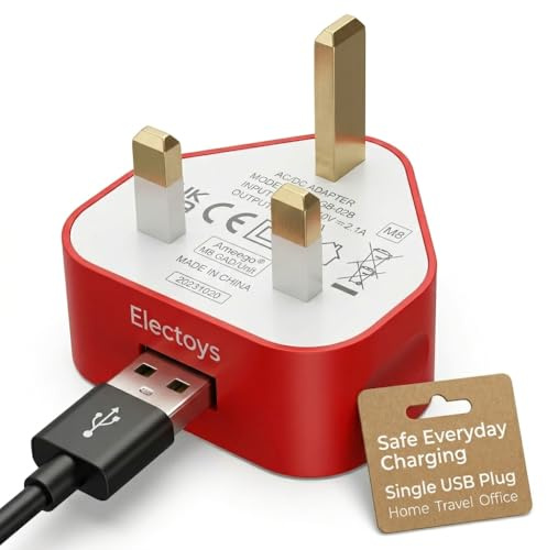 Electoys Single USB Plug UK - 5V 1A USB Plug - Fast Charger Plugs Head - UK 3 Pin Plugs With Cable Port - Main Wall Charging Adapter - Compatible with iPhone 7 8 XS Max XR 11 12 Samsung, Redmi, Huawei