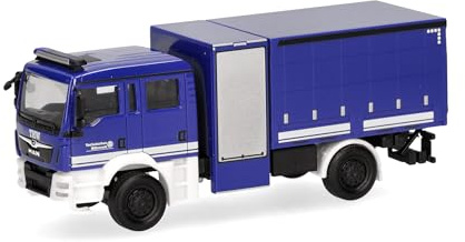 Herpa LKW Modell MAN TGM Mehrzweckgerätefahrzeug Plane THW, Miniatur im Maßstab 1:87, Sammlerstück, Made in Germany, Kunststoff