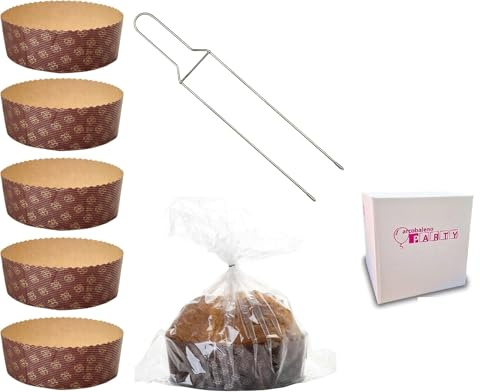 Kit Stampo Panettone Basso 5 Pz da 1 Kg + Spillone Panettone + Sacchetti Alimentari 5pz Pirottini Panettone di Carta Ondulata in Pura Cellulosa Resistente al Calore 220°C