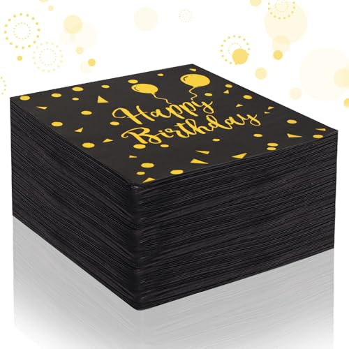 VZXZXE 60 Stück Serviette Premium Schwarz Happy Birthday Servietten Schwarz Gold 33 X 33 cm Papierservietten Geburtstag Servietten Geburtstagsservietten für Geburtstag Party Deko