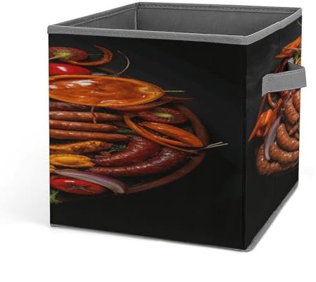 GBNMQED Storage Cubes Collapsible Cube Storage Bins Sausage Barbecue Printed Storage Bins Handle Foldable Baskets for Organize Items 10.6×10.6 Inches
