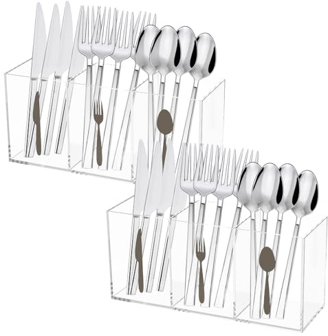 KTCINA 2 Pcs Kitchen Utensils Holders, 3 Compartment Acrylic Utensil Caddy Cutlery Holder Organizer Silverware Caddy Flatware Organizers Kitchen Utensil Holder for Fork Spoon Knife(Clear)