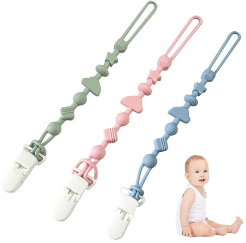 3 Pack Silicone Pacifier Clips - Luoqun88 Silicone Dummy Clip for Baby Boys and Girls, One Piece Design, Universal Fits Most Pacifiers & Teething Toys, Food-Grade Silicone (Bule, Green, Pink)