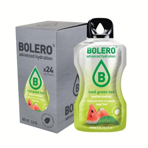 Bolero THÉ VERT GLACÉ PASTÈQUE 24x3g | Poudre pour boisson sans sucre, édulcorée à la stévia + vitamine C | convient aux enfants, aux sportifs et aux diabétiques | sans gluten