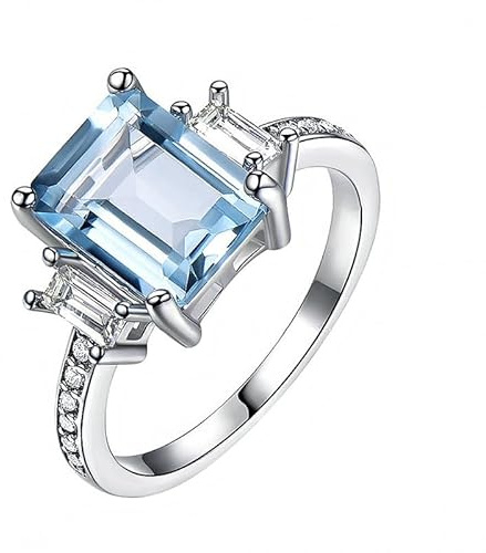 DOLPHERS Aquamarin-Ring, 925er Sterlingsilber, Smaragdschliff, 7 x 9 mm, himmelblauer, Moissanit, Verlobungsringe, Aquamarin-Geschenke für Frauen/Freunde(8)